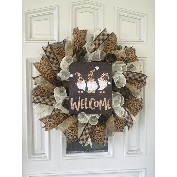Leopard Welcome Gnome Deco Mesh Ribbon Wreath Front Door Hanger - Picture 1 of 7
